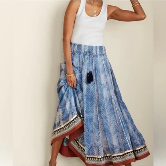 Soft Surroundings Size L (14/16) Rhoda Blue Chevron Embroidered Boho Maxi Skirt - Picture 1 of 13